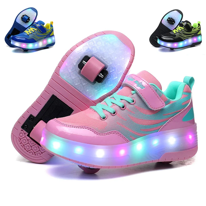 

Brand Children Two Wheels Luminous Leather Sneakers Boys Girls LED Light Roller Skate Shoes Kids Light Up Charging Sport Shoe