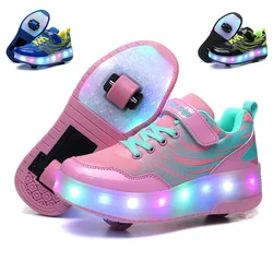 Brand Children Two Wheels Luminous Leather Sneakers Boys Girls LED Light Roller Skate Shoes Kids Light Up Charging Sport Shoe