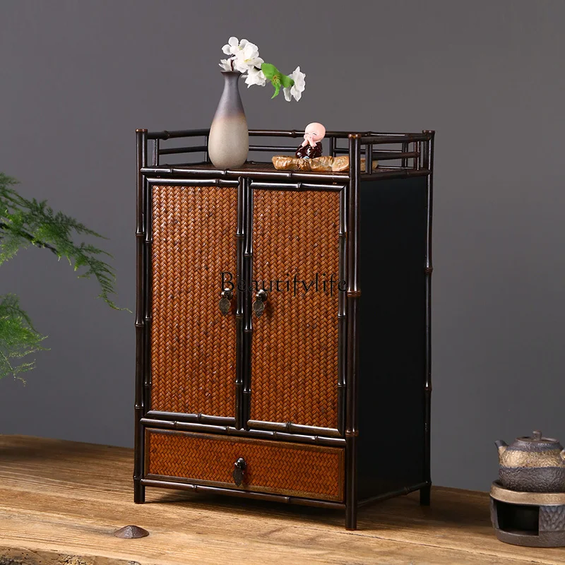 Antique Black Bamboo Tea Service Plate Desktop Ming-Style Tea Cabinet Tea Set Storage Cabinet with Drawer