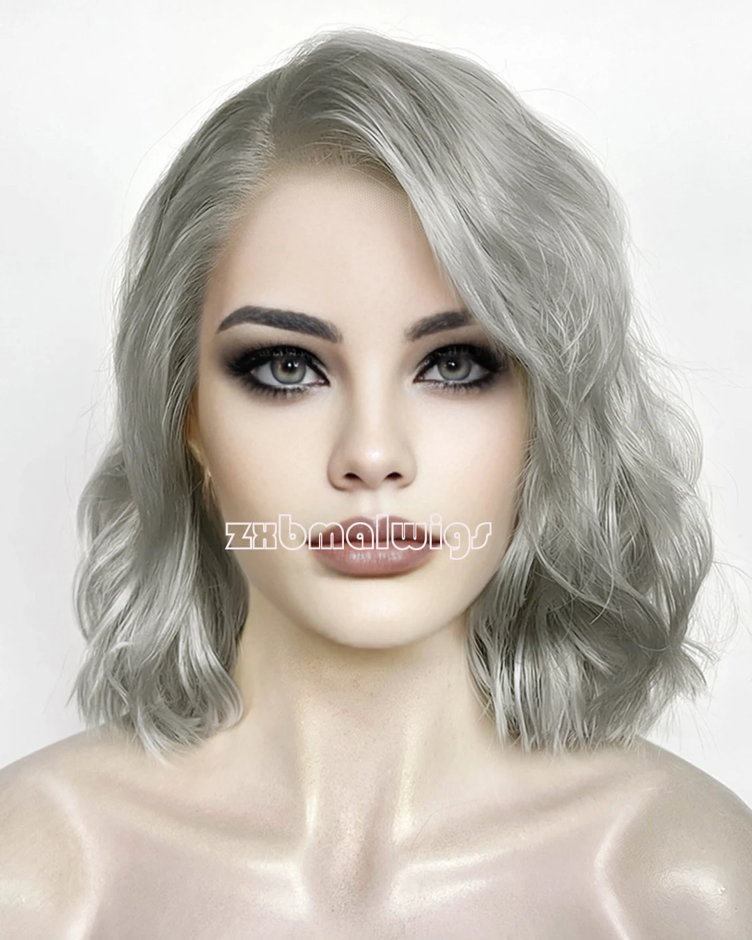 

Synthetic Hair Short Body Wave Light Grey 13X4 Lace Front Wig For Women Glueless Preplucked Daily Cosplay Heat Resistant Fiber