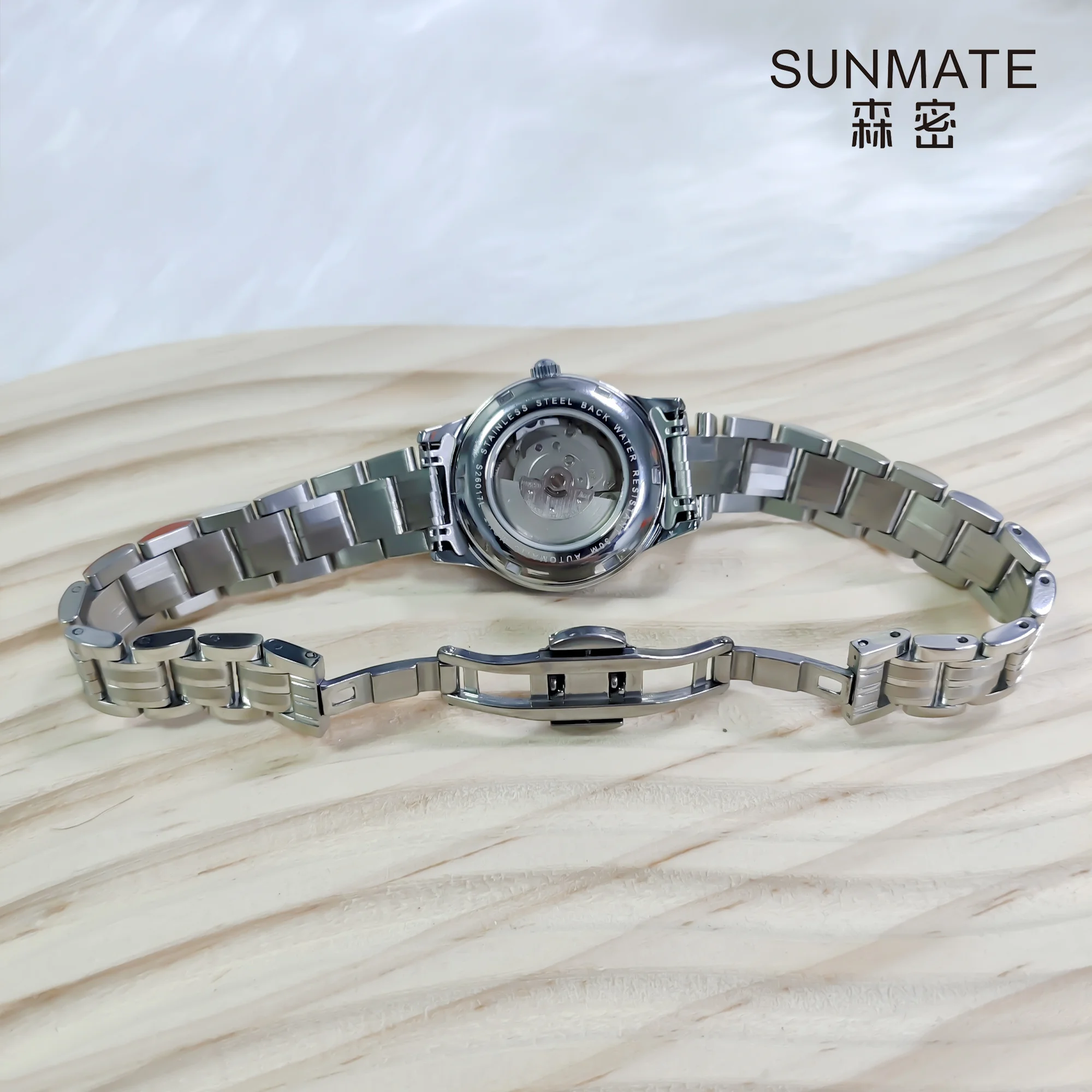 ساعة ميكانيكية أوتوماتيكية للسيدات من SUNMATE، فاخرة وأنيقة، مقاومة للماء، سوار فضي، ساعة يد نسائية مع صندوق هدايا