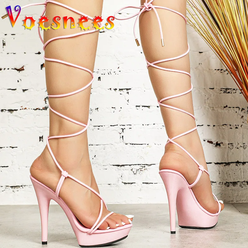 2023 New Lace-up Sandals Women Platform Summer Ladies Shoes Fashion Thin Band High Heels Pumps Plus Size Nightclub Stripper Show