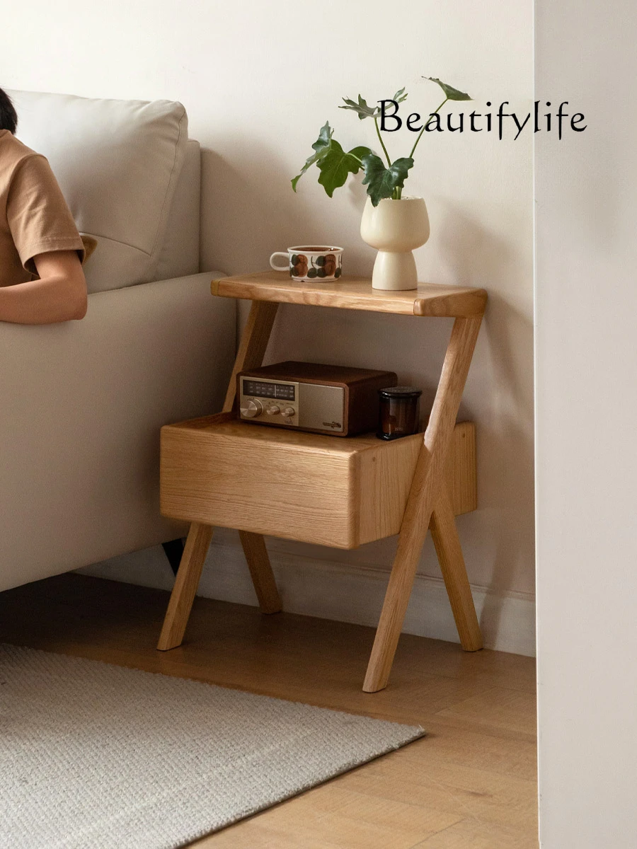 Solid Wood Bedside Cabinet Storage Rack Integrated Household Bedroom Oak Sofa Side Table Side Cabinet