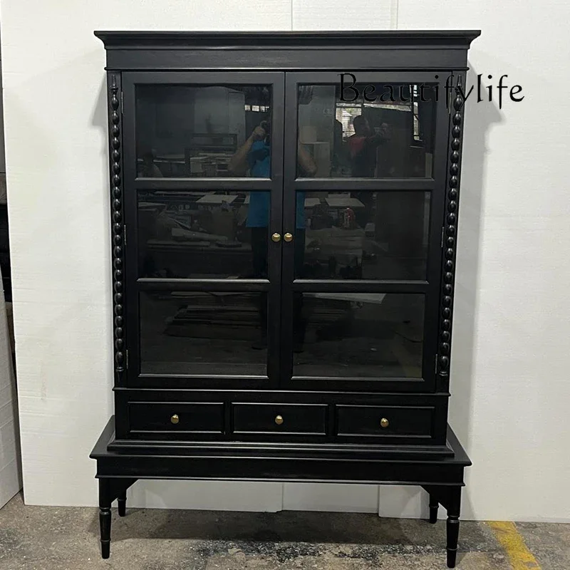

BJ Medieval Black Display Boutique Display Cabinet Three-layer Double-door Glass Cabinet Solid Wood Antique Cabinet