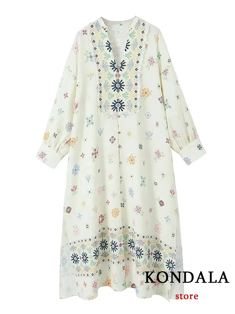 

KONDALA Vintage Women Embroideried Dress V-Neck Long Sleeve Loose Long Ruffles Dress New Fashion 2023 Summer Holiday Dress