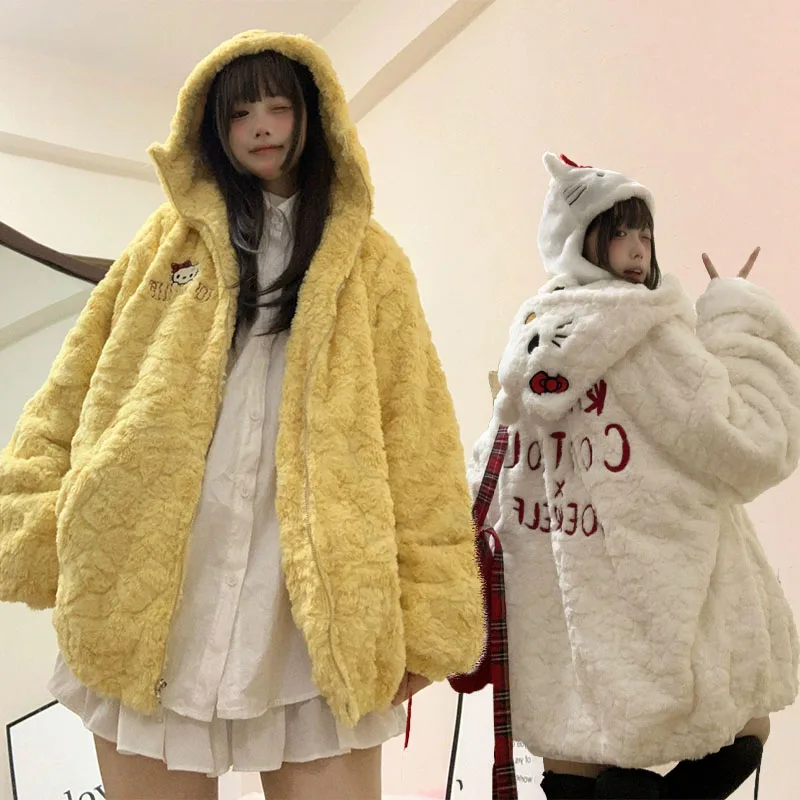 Cartoon Hello Kittys Plush Hooded Jacket Kawaii Lamb Fur Coat for Women Korean Loose Zipper Jacket Thick Warm Female Clothing