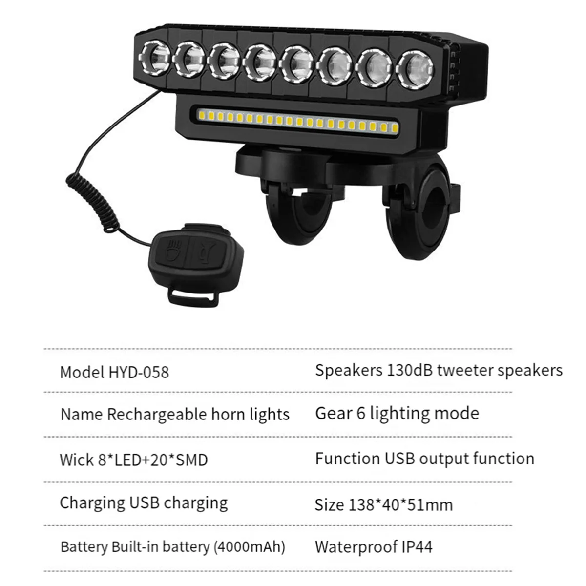 자전거 헤드라이트 LED 라이트 바, 자전거 프론트 라이트, 보조배터리 USB 충전, 자전거 액세서리, 스타일 1, 130DB 벨