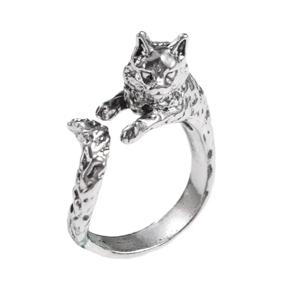 Vintage Kitty Cat Opening Rings Dark Alloy Cartoon Animal Delicate Rings Adjustable Personality Cat Shape Ring