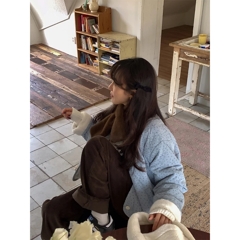 MEXZT 빈티지 플로럴 숏 파카 여성용 한국 패치워크 플러피 재킷 겨울 큐트코어 퍼리 코트 여성용 긴 소매 아우터웨어