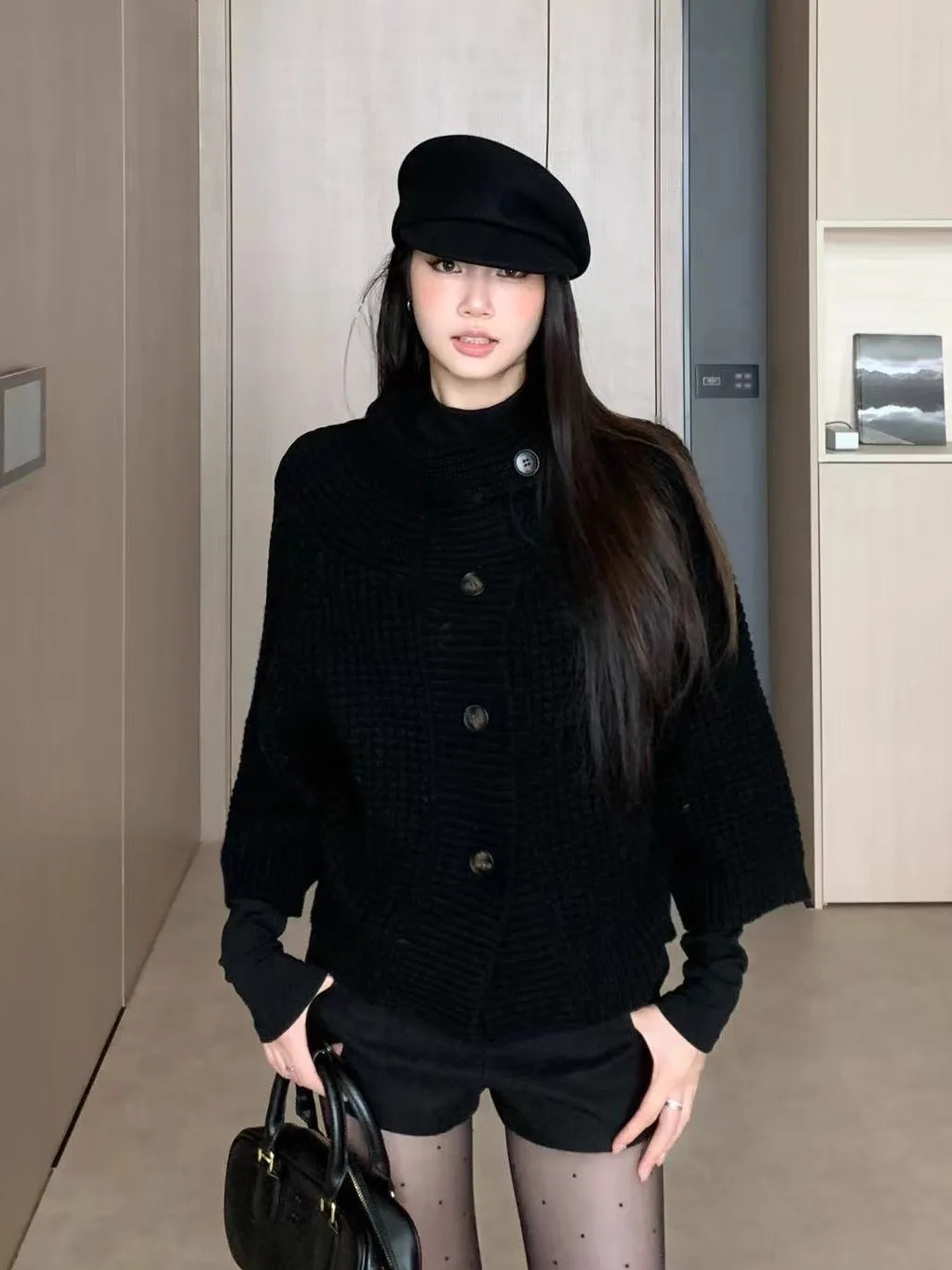 

Женский вязаный кардиган с высоким воротником, свободный свитер, повседневная верхняя одежда, длинный рукав, подходит для прогулок