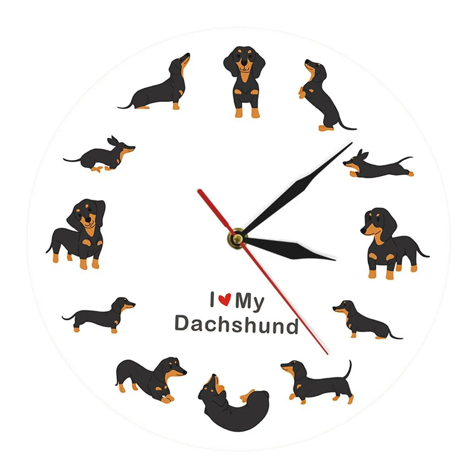 Fashion Dachshund Wall Clock 12 Inch Plastic Round Silent Battery Powered Decorative Hanging for Living Room Bedroom Office