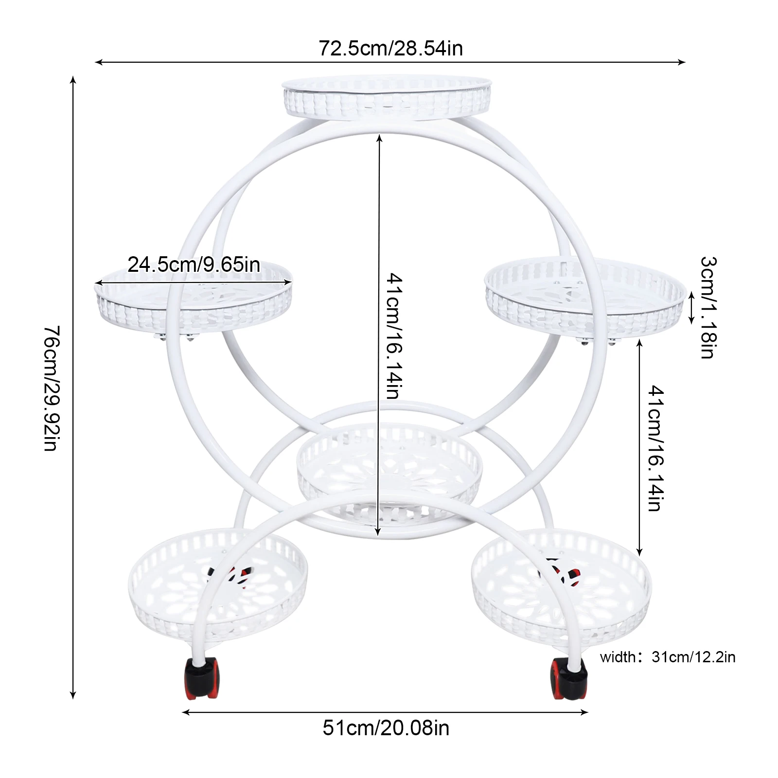 Plant Stand with Multi-Tier Staggered Design, White Iron Frame, Corrosion and Rust-Resistant, Easy to Move with  Wheels,