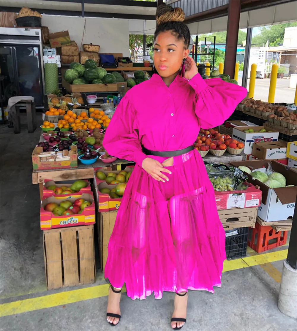 メッシュパッチワークホワイトシャツドレス秋服女性用ボタンアップランタンスリーブロングドレスストリートウェアナイトクラブパーティードレス