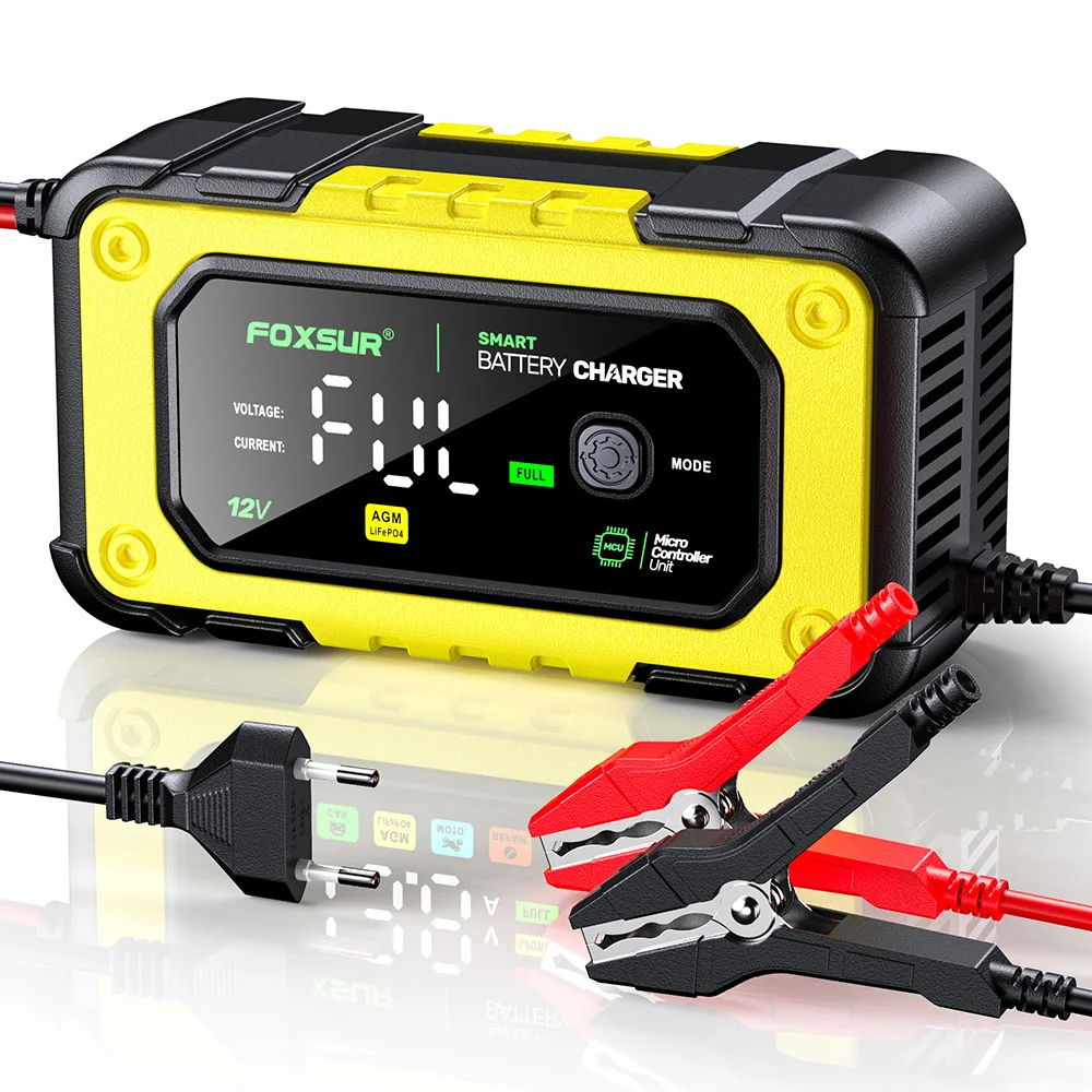 FOXSUR Car Battery Charger 12V 7A 10A Batteries 7-Stage Charging Pulse Repair with Digital LCD Display for Car Motorcycle