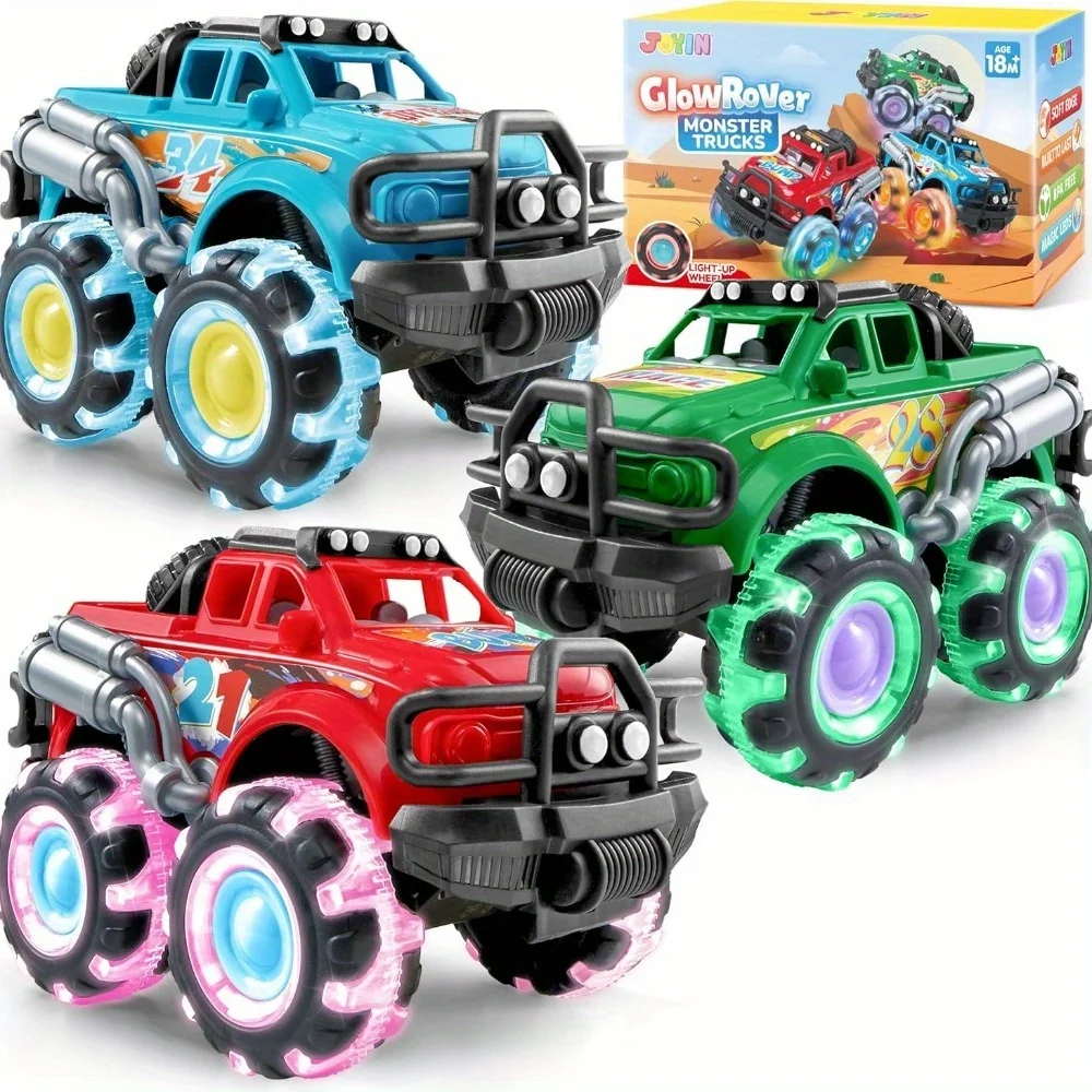 

JOYFY 3Pack Kids Monster Truck Toy with Flashing LED Wheels Light-Up Cars for Toddlers Birthday Christmas Gift Friction-Powered