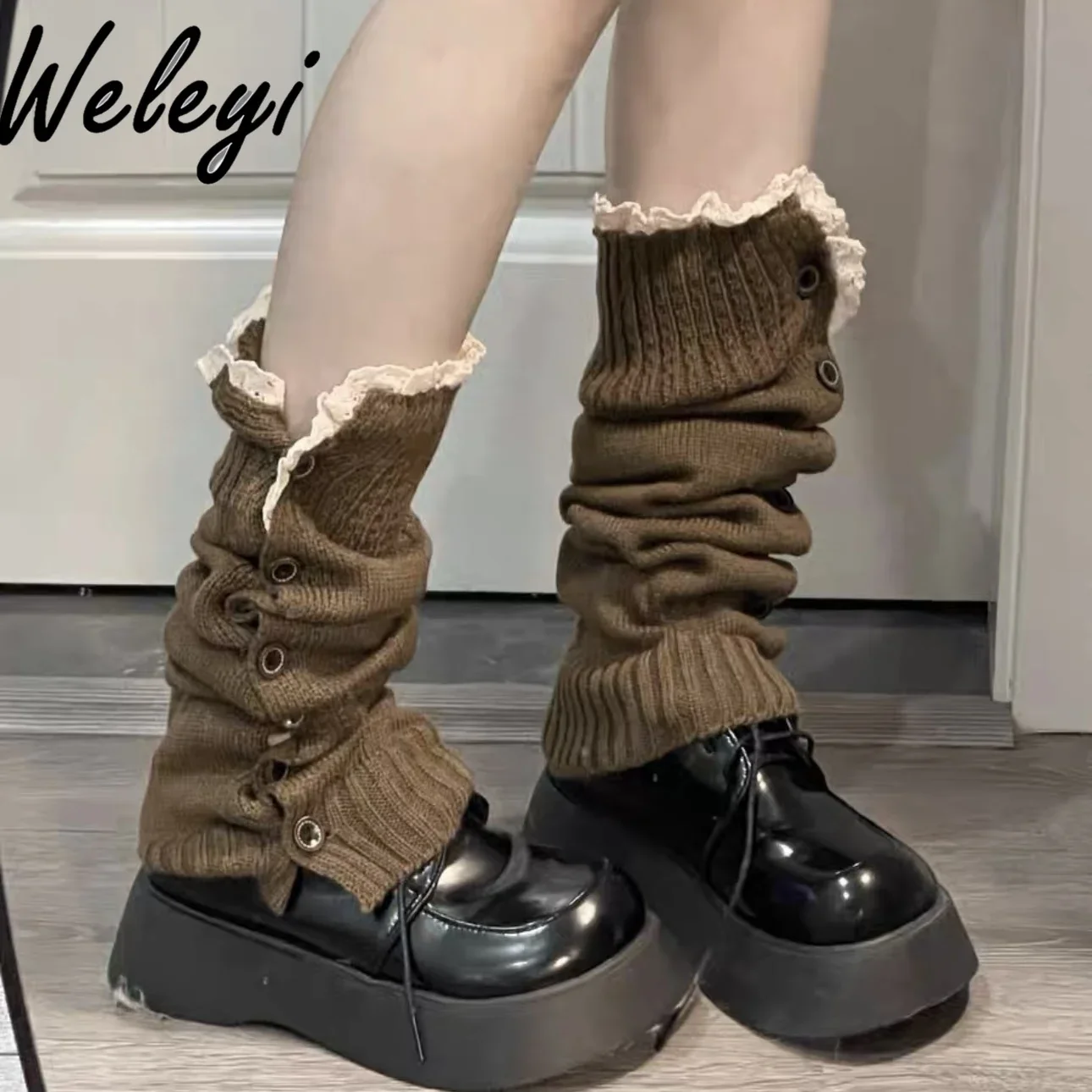 

Y2k Hot Girls Jirai Kei Button Knitted Socks Autumn and Winter JK Women's Leg Warmer Lace Splicing Medium Tube Pile Socks Female