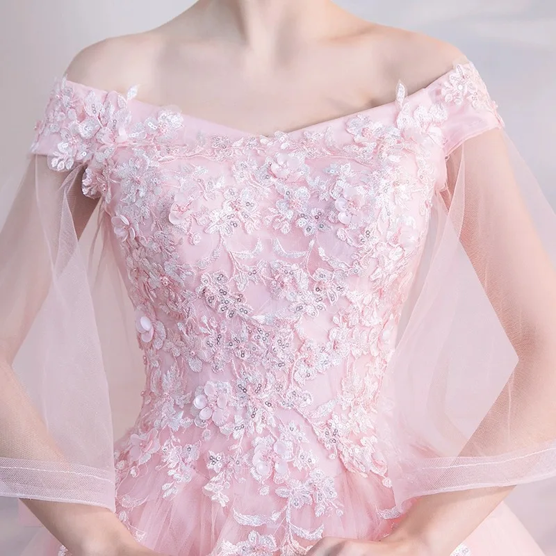 Robes de soirée roses en dentelle avec appliques, robes de Rhà manches cloche, robe d'anniversaire de princesse, robe de soirée, 2024