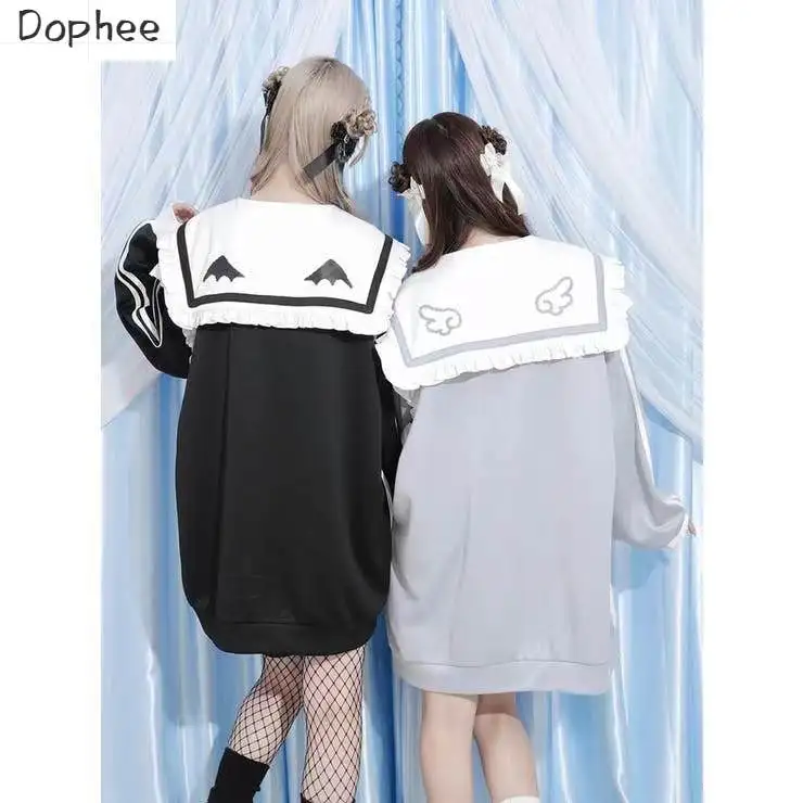 Dophee Japanese Wind Spring Autumn Long Sleeve Sweatshirt Landmine Series Bow Sailor Collar Oversize Top Cute Cartoon Pullovers