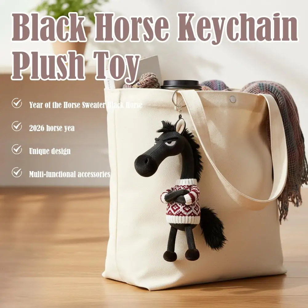 

Black horse ornaments cool black plush horse toy bag charms plush horse keychains heart-shaped black plush horse keychains