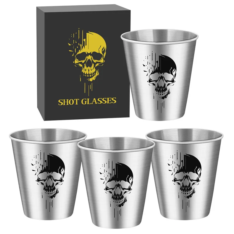 4pcs/set 70ml/2.39oz Skull Head Pattern Shot Glasses Metal Wine Liquor Cups for Kitchen Club Party Barware Event Wedding Gift