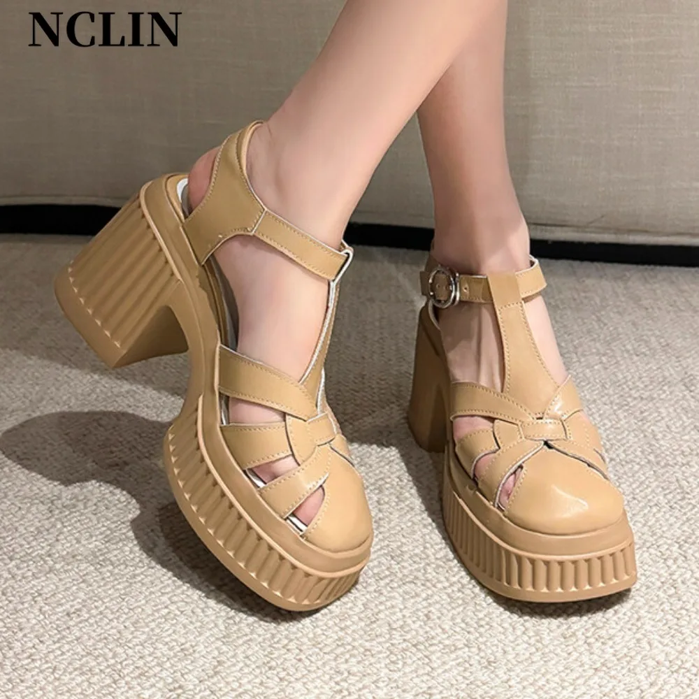 

Summer High Heels Sandals Women Summer Ankle Buckle Platform Sandals Woman Genuine Leather Square Heel Gladiator Sandalias Mujer