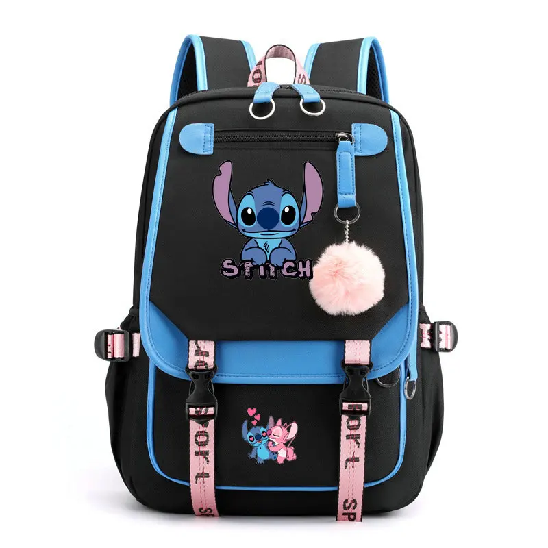 Mochila De Stitch para mujer y niña, morral escolar ligero con diseño de dibujos animados, Patchwork USB, ideal para viaje