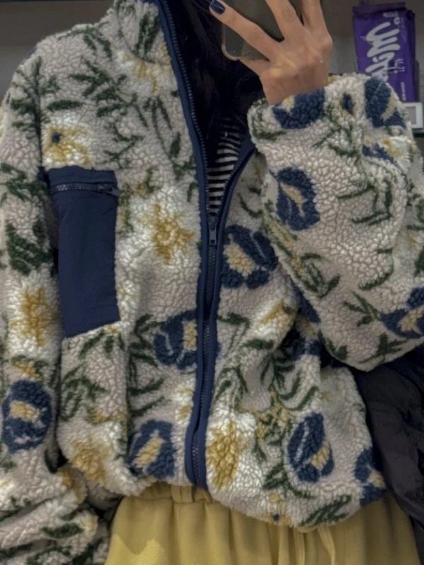 レトロスタンドカラージッパーアンチエイジングラムファーフローラルパッチワークコート女性用冬新作ゆったり暖かいコート