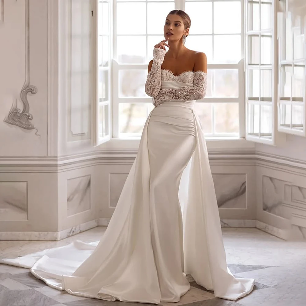 Simple Satin Mermaid Wedding Dress 3/4 Sleeve Elegant Bride Ceremony Gown Removable Train Wedding Gown robe de mariée