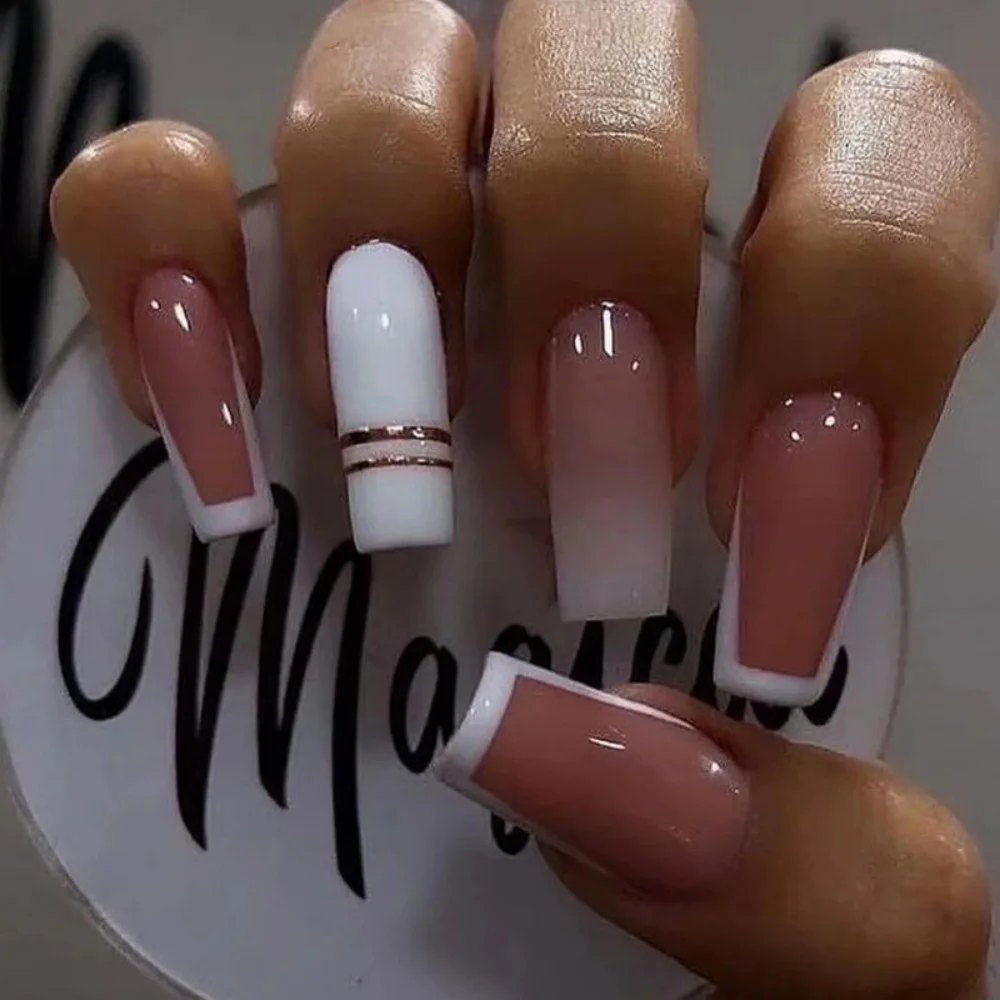 24pcs Solid Color Nail Fake Simple Love Design Mid-length Ballet False Nail Tips Red Wearable Lines Square Press on Nails Art