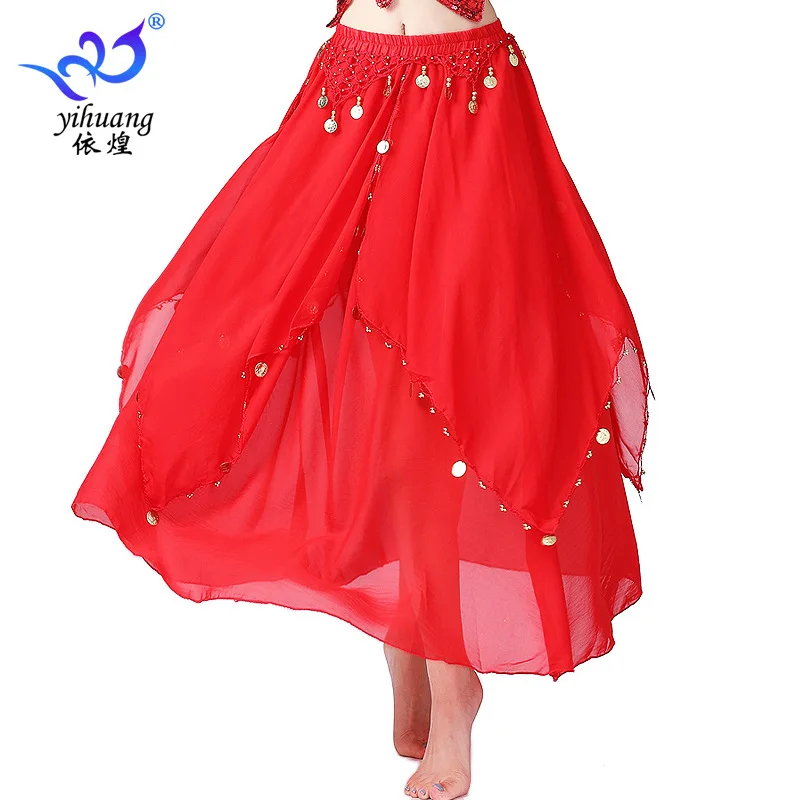 Belly Dance Chiffon Skirt Hanging Coin Skirt Performance Dress Half Body Skirt Indian Dance Skirt Stage Dress Big Swing Skirt