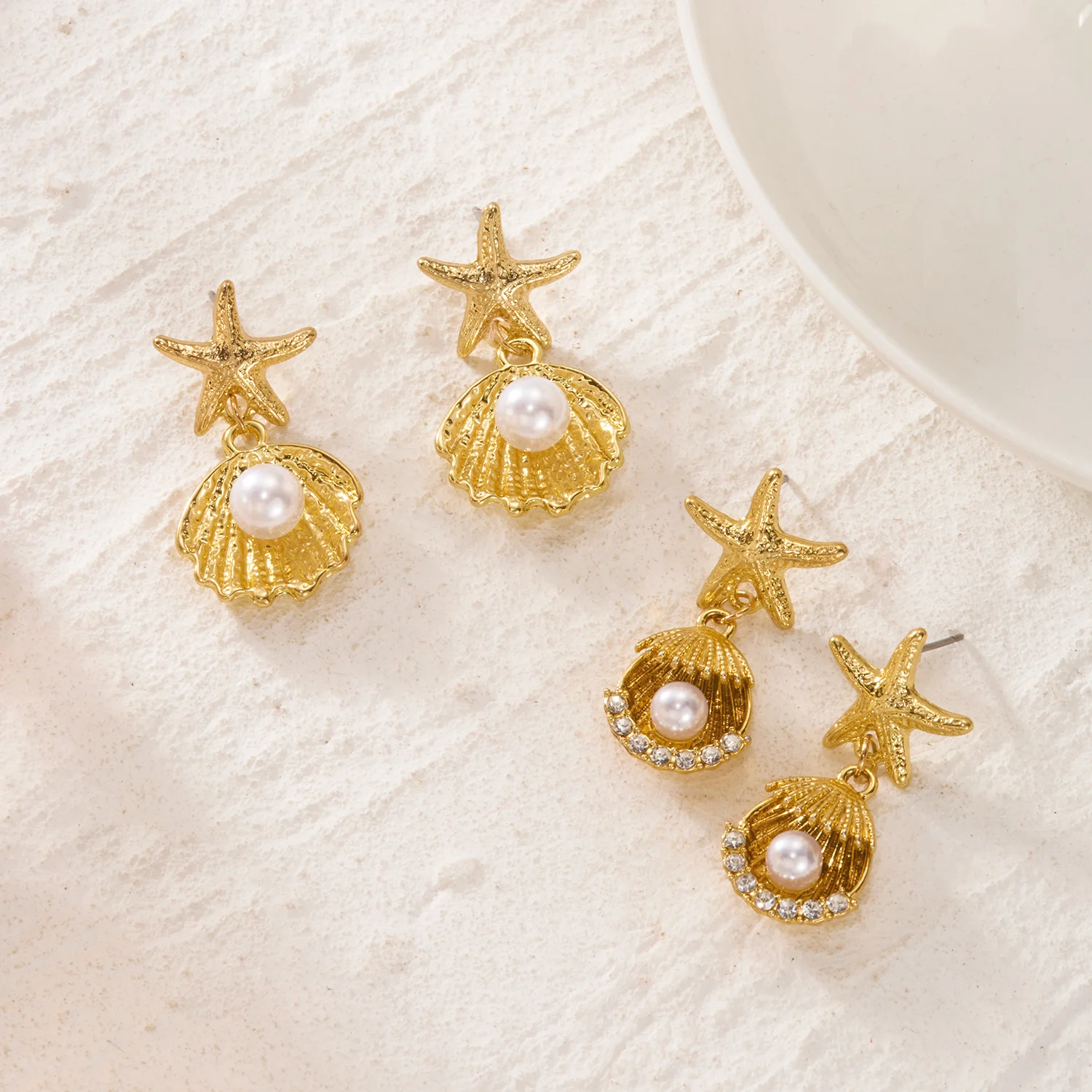 Boho Gold Color Starfish Shell Statement Earrings for Women Imitation Pearl Minimalist Summer Beach Vacation Fashion Jewelry