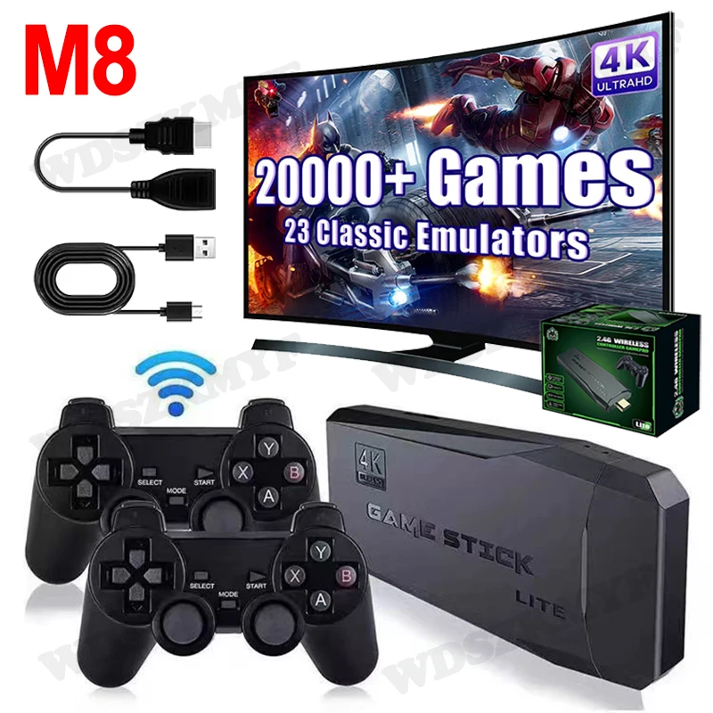 M8 4K Game Stick Mini consolas de videojuegos reproductor de videojuegos 40000 juegos integrados con controlador inalámbrico doble de 2,4G