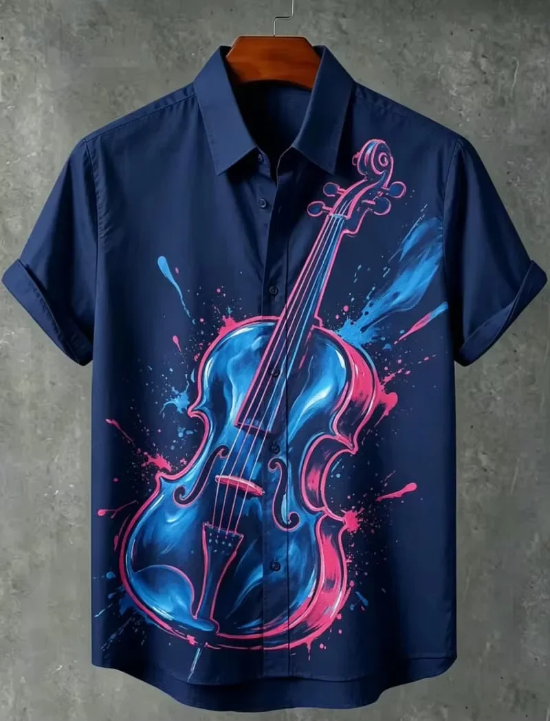 Colorful Watercolor Musical Instrument Short Sleeved Flower Shirt Niche Art Design Men's Loose Shirt Summer Street Versatile Top