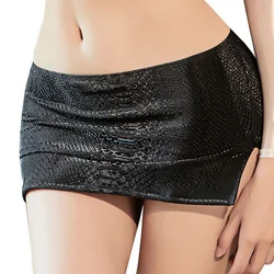 Woman Sexy Snake Print PU Mini Micro Skirts Slit Pencil Skirts Low Waisted Slim Wrap Hip Skirts Club Dance Wear Summer Clothing