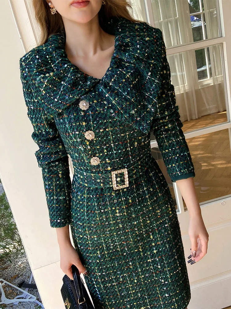 Dabuwawa Tweed Sequins Dress Luxury Women 2023 New Collection Vintage Empire Skirt Light Weight Fancy Suiting DM1DDR003