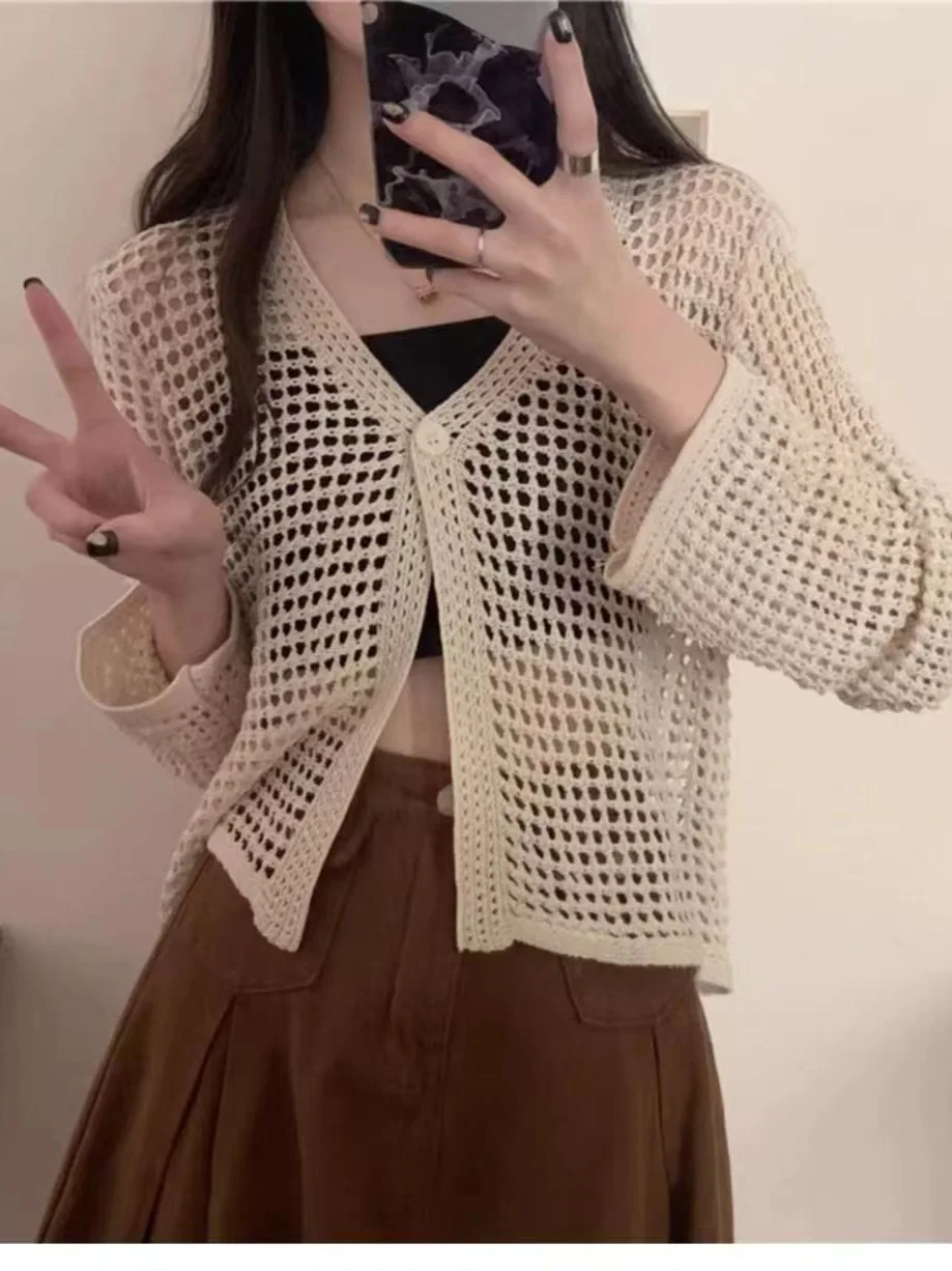 

Новая летняя сетчатая солнцезащитная куртка, женская верхняя одежда с длинными рукавами и маленькой шалью, вязаный кардиган