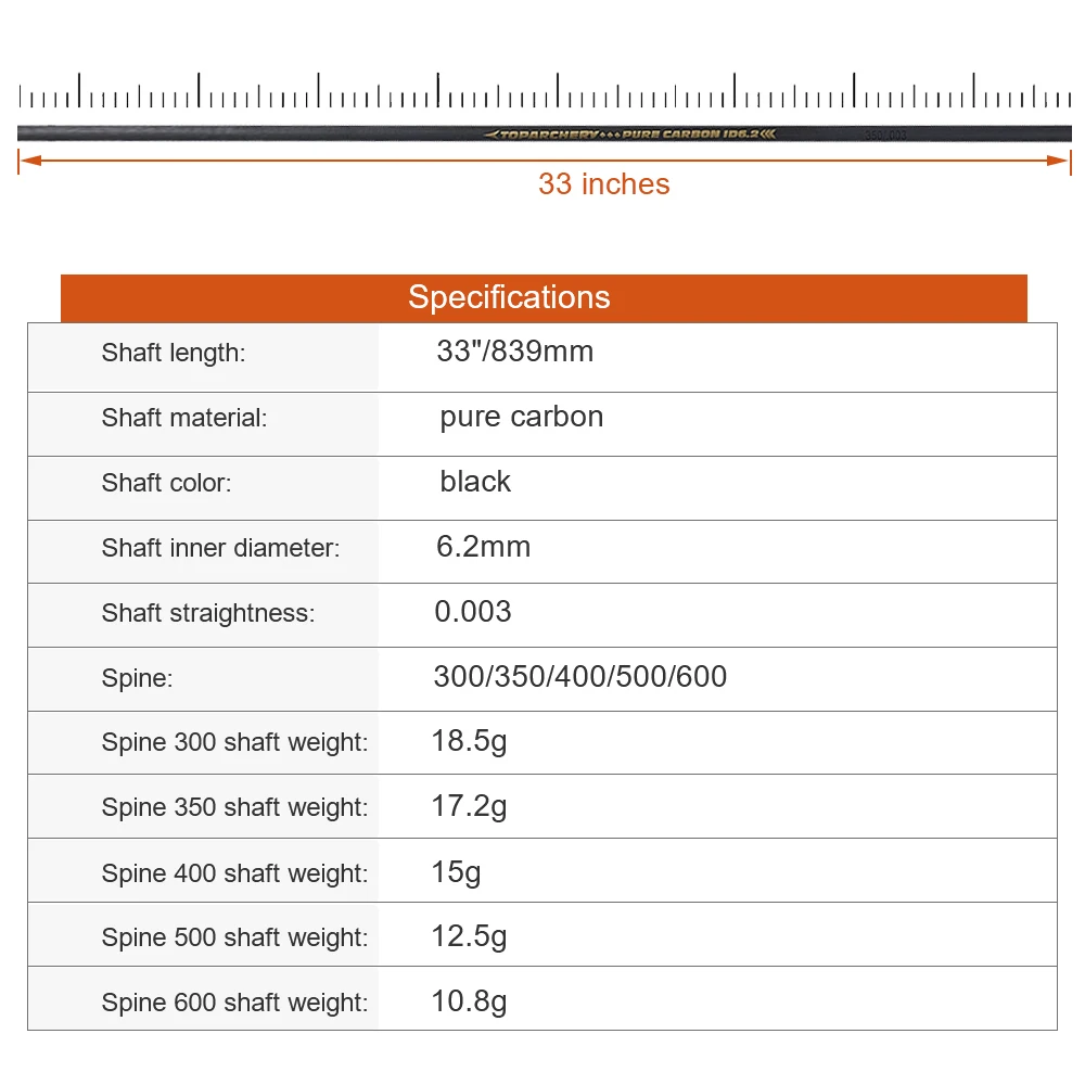 Toparchery-eje de flecha de carbono puro para tiro con arco, accesorio de 12/24 piezas, 33 \