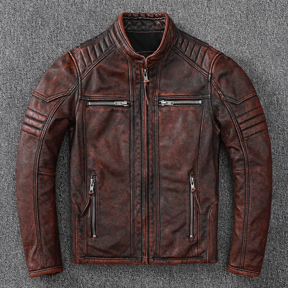 Vintage Moto Vestes Hommes Veste En Cuir 100% group Cuir De Vache Manteau Mâle Biker Vêtements Automne Taille Asiatique S-4XL M696