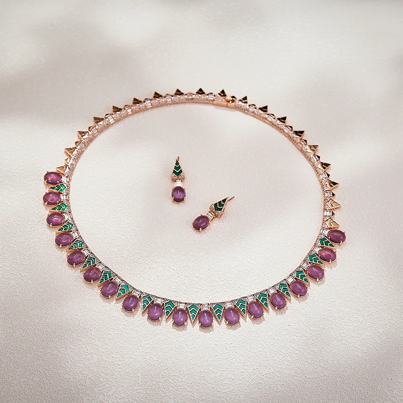 Europe America Style Earrings Necklace Women Lady Inlay Cubic Zircon Green Enamel Synthetic Purple Gemstone Party Jewelry Sets