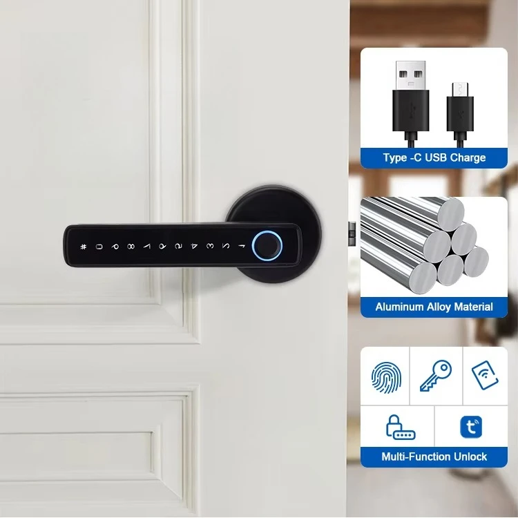 Tuya Keyless Entry Smart Lock - Fingerprint Touch Keyboard, Reversible Handle, Control Key Code, Biometric Lock (App Supported)