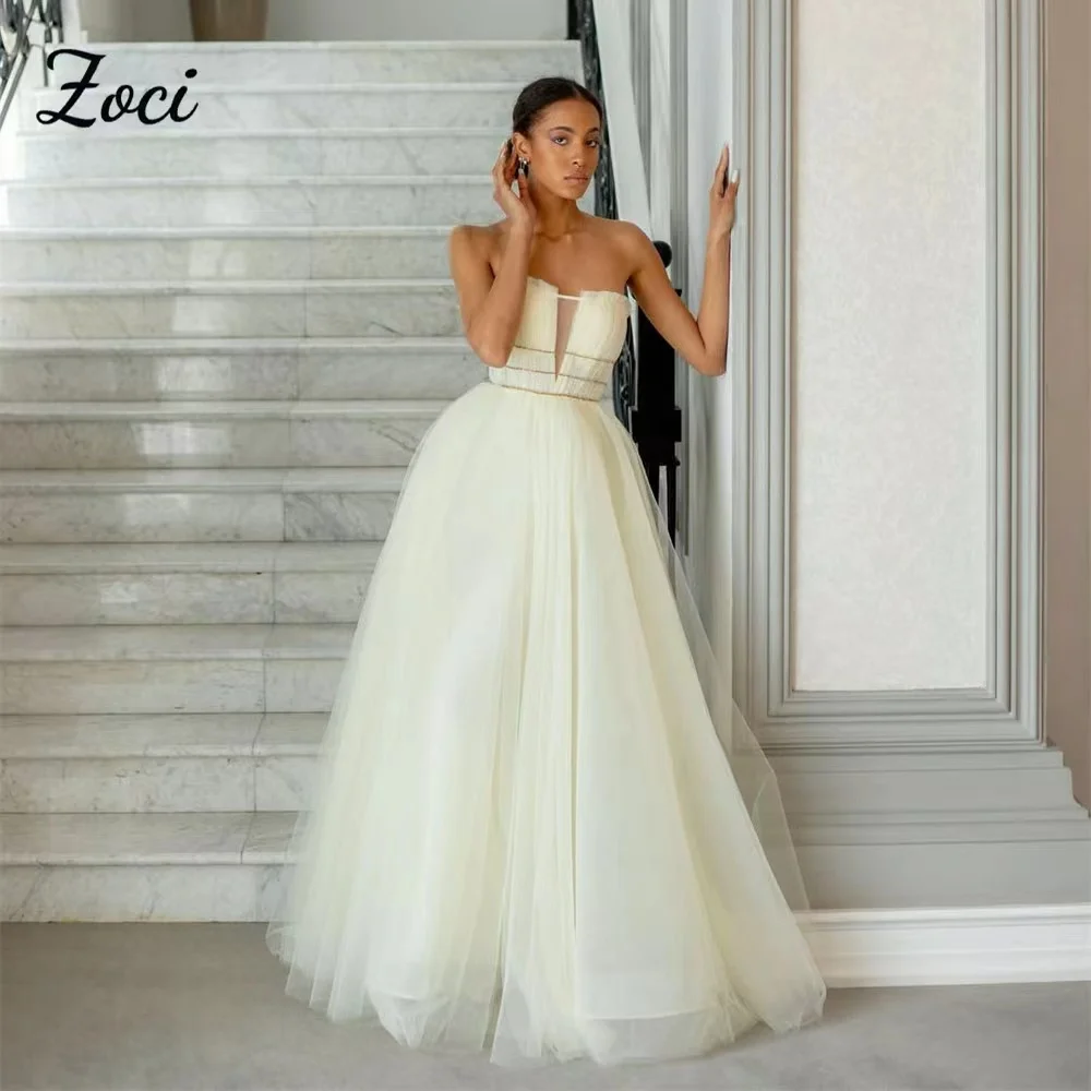 

Zoci Богемное бежевое свадебное платье из тюля без бретелек A Line Vestidos De Novia со шнуровкой сзади Свадебные платья в стиле бохо для женщин по индивидуальному заказу