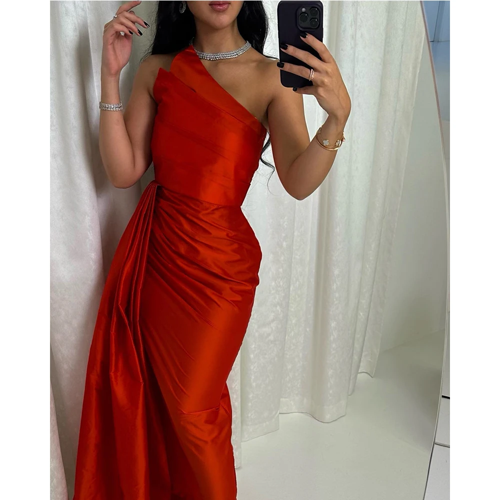 Classic Pleats Ankle Length Panel Train Asymmetrical Evening Dresses Fashion Straight Satin Party Gowns فساتين سهره نسائيه فخمة