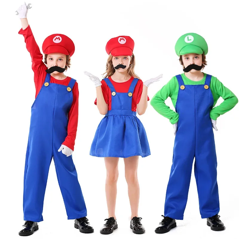 Children Boys Girls Game Movie Anime Cartoon Plumber Jumpsuit Top T-shirt Dress Hat Gloves Set Halloween Cosplay Costumes Outfit