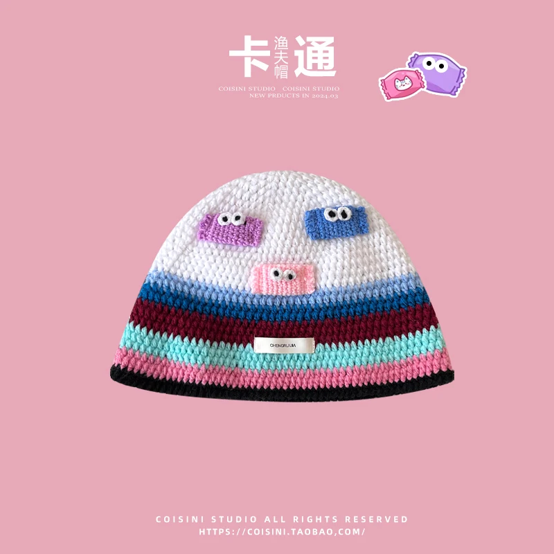 Ins Cute Cartoon Contrasting Color Knitted Bucket Hats Men Spring and Autumn Travel Photo Fashion Versatile Sweet Woman's Cap