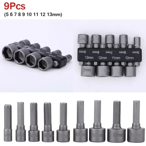 9pcs/set 5mm-13mm Hex Socket Sleeve Nozzles Nut Driver Set for Power Drills Impact Drivers Power  Screwdriver Handle Tools