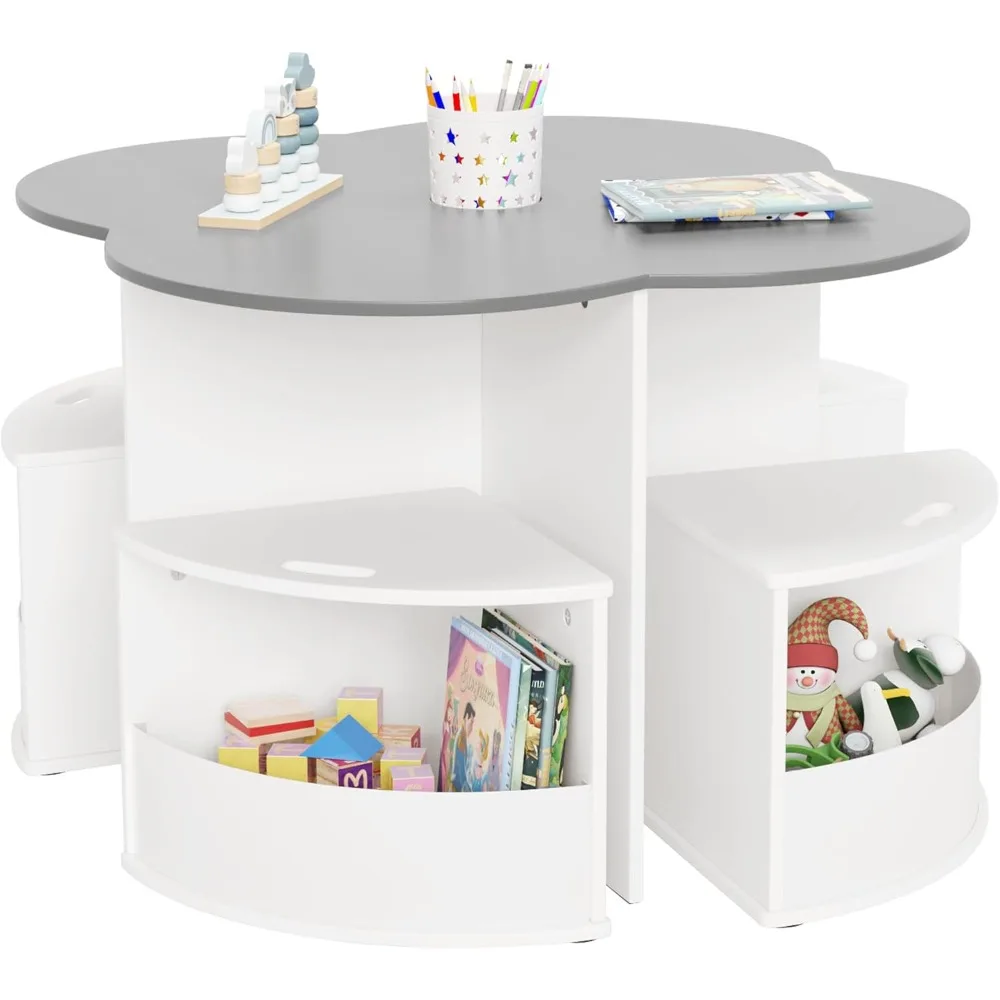 Toddler Table and Chair Set with 4 Storage Stools, Flower Shaped Nesting Design Table with Built-in Pen Holder, Kids Tabl