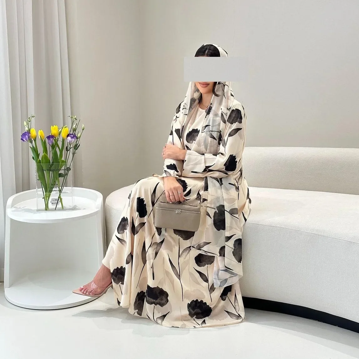 

Muslim Robe Jacket Abaya Loose Women's Cardigan with Headscarf Long-sleeved Printed Open Cardigan