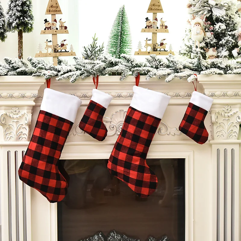 Christmas Stocking Xmas Plaid Sock 2023 New Year Gifts Candy Bag Decorations for Home Noel Deco Ornaments