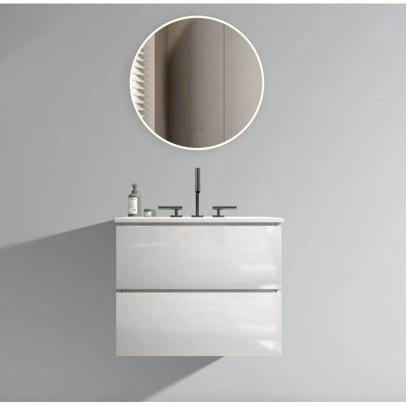 

24" Wall-Mounted White Glossy Bathroom Vanity with Ceramic Sink, Floating Design, 3 Faucet Holes, Large Storage, One-Piece Basin, Pre-Assembled