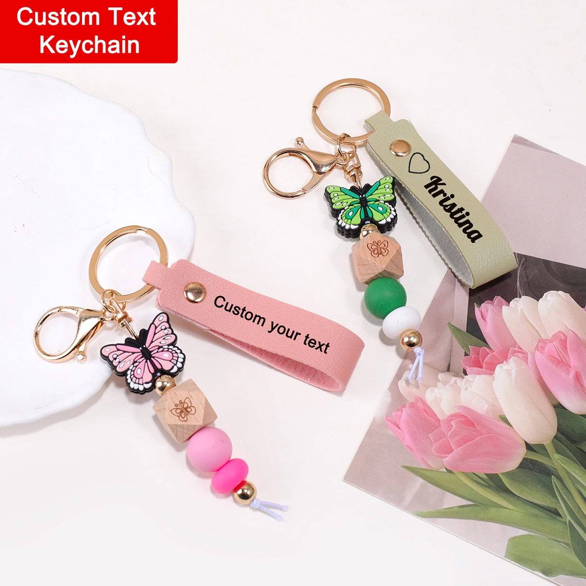 

Butterfly Pendant Custom Name Keychain PU Leather Customized Text Key Ring Laser Engraving Girl Gift Personalized Name Key Chain